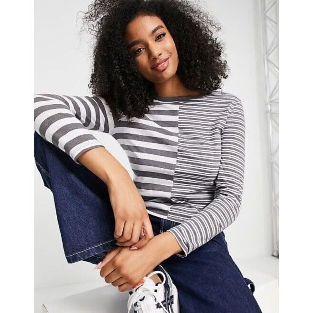 Topshop White Gray Stripes Top shirt color block XS streetwear scandi urban
